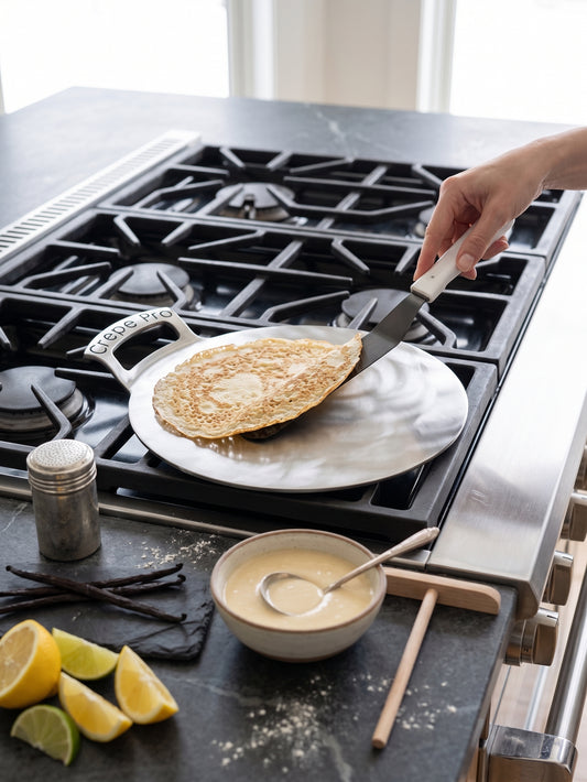 A hand uses a spatula to flip a golden-brown crepe or pancake on a round metal pan set over a black gas stovetop. A small bowl of batter, lemon slices, vanilla beans, and a metal shaker sit on the dark countertop in a bright kitchen setting.