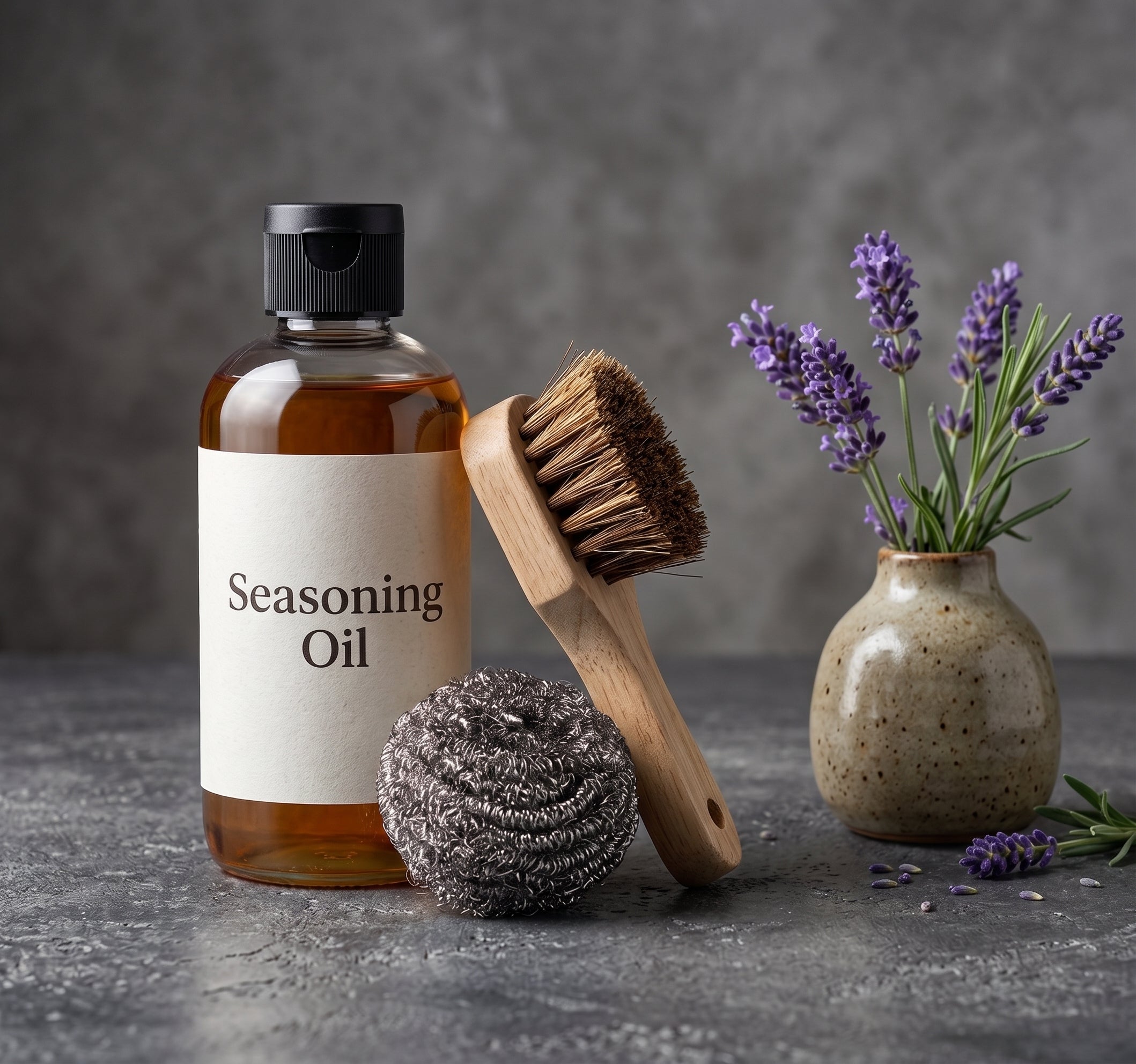 A bottle of seasoning oil with a cream label and black cap, styled on a gray stone surface with a wooden scrubber, steel wire ball, and a small ceramic vase of lavender.