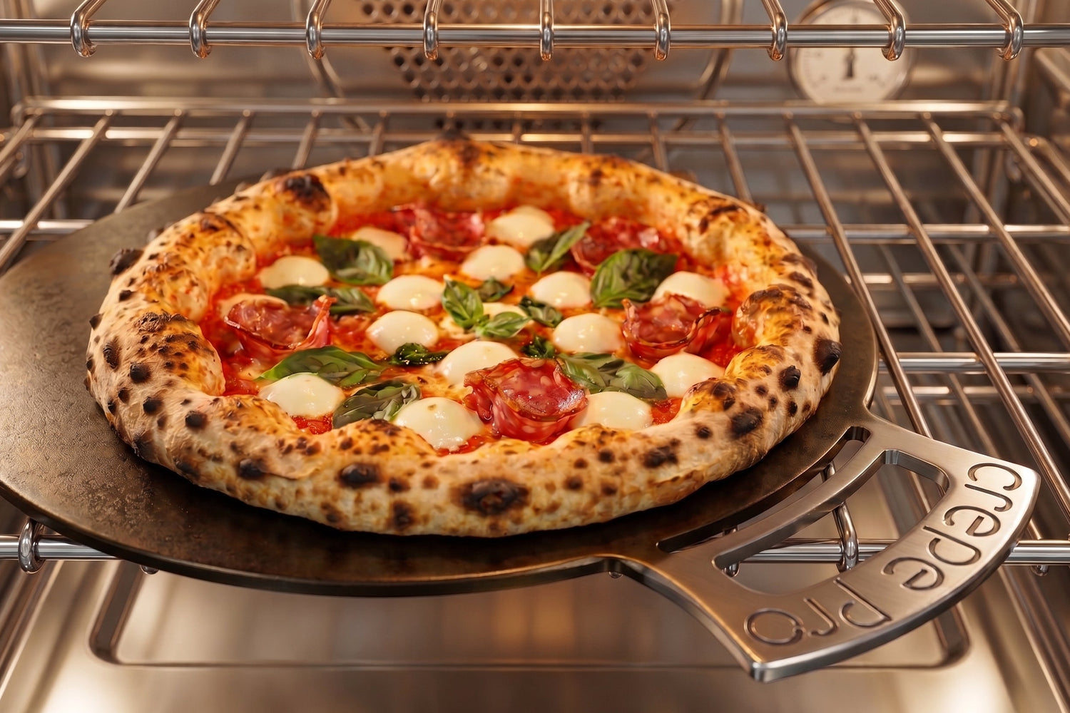 A freshly baked pizza on a dark cast-iron peel with a metal handle branded 'Creme Pro', sitting on an oven rack inside an oven.