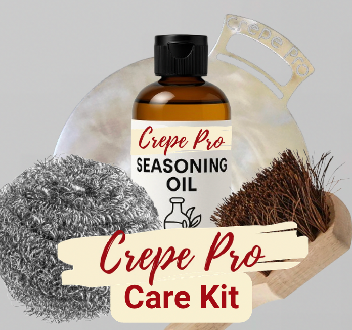 Crepe Pro Care Kit with seasoning oil bottle, scrubber, and cleaning tools 